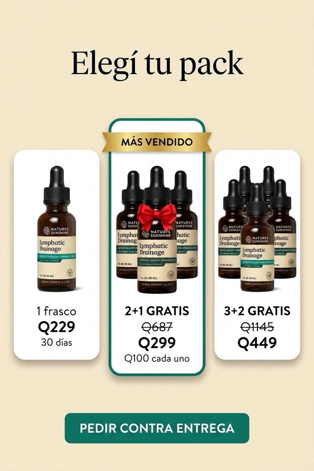 Oferta: 1 frasco Q229, 3 frascos Q299 con 2+1 gratis, 5 frascos Q449