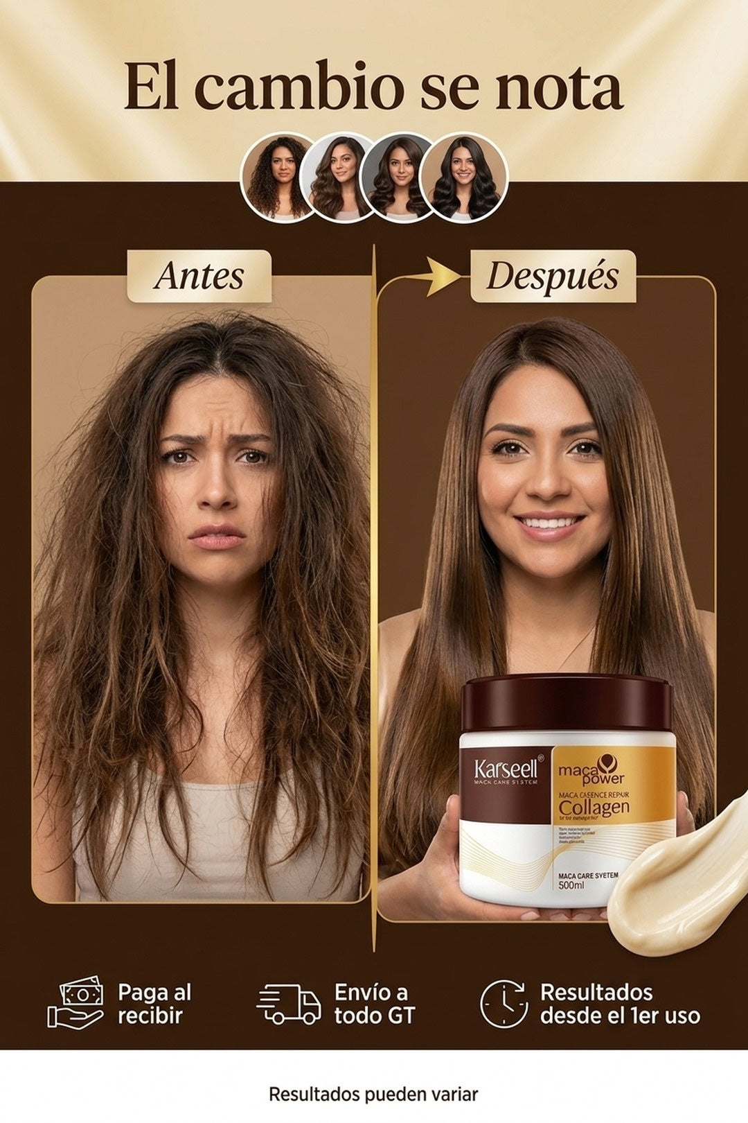 Antes y después: de cabello seco y encrespado a liso y con brillo