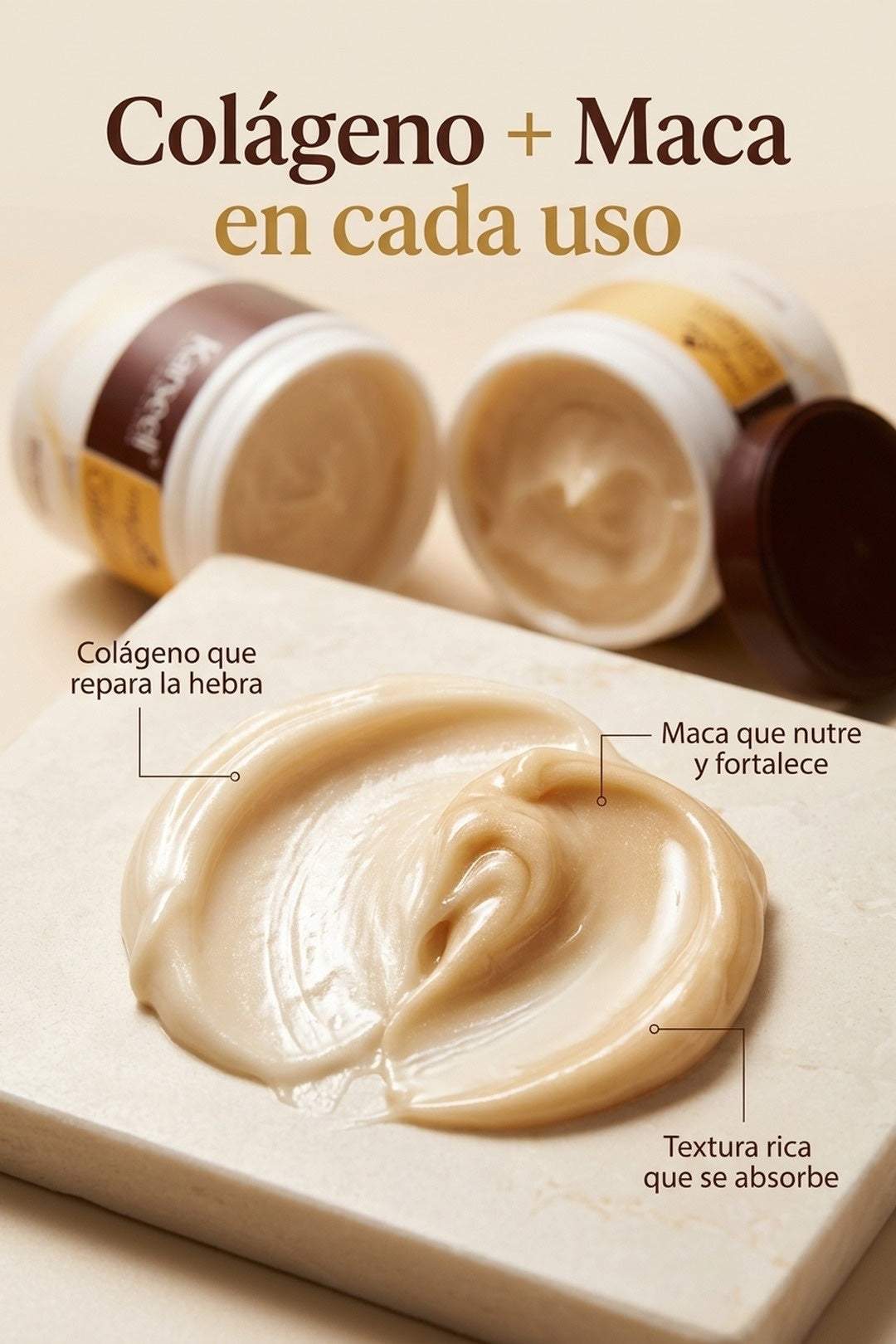 Colágeno + maca en cada uso · textura de mantequilla que se absorbe