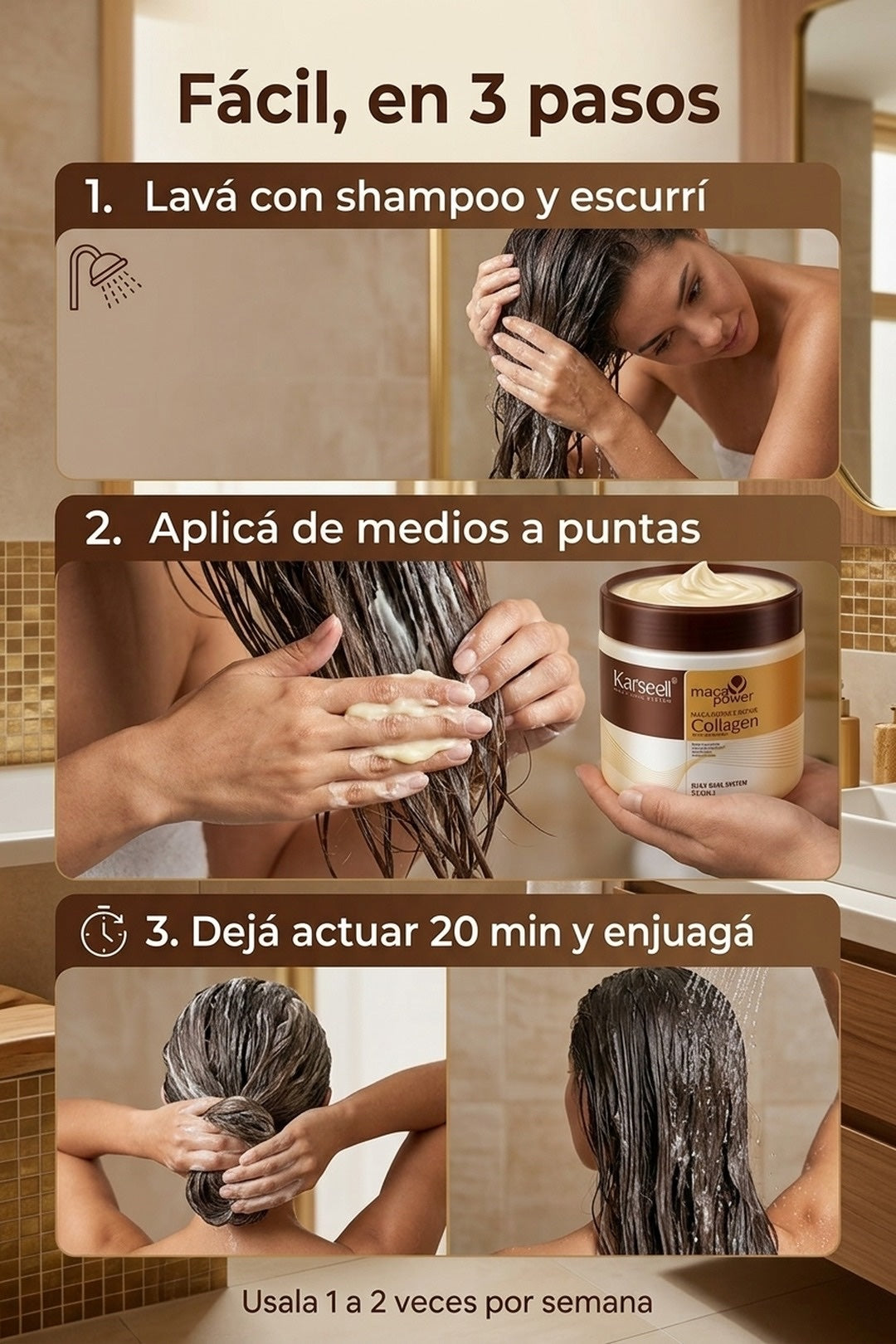 Fácil en 3 pasos: lavá, aplicá de medios a puntas, dejá actuar 20 min