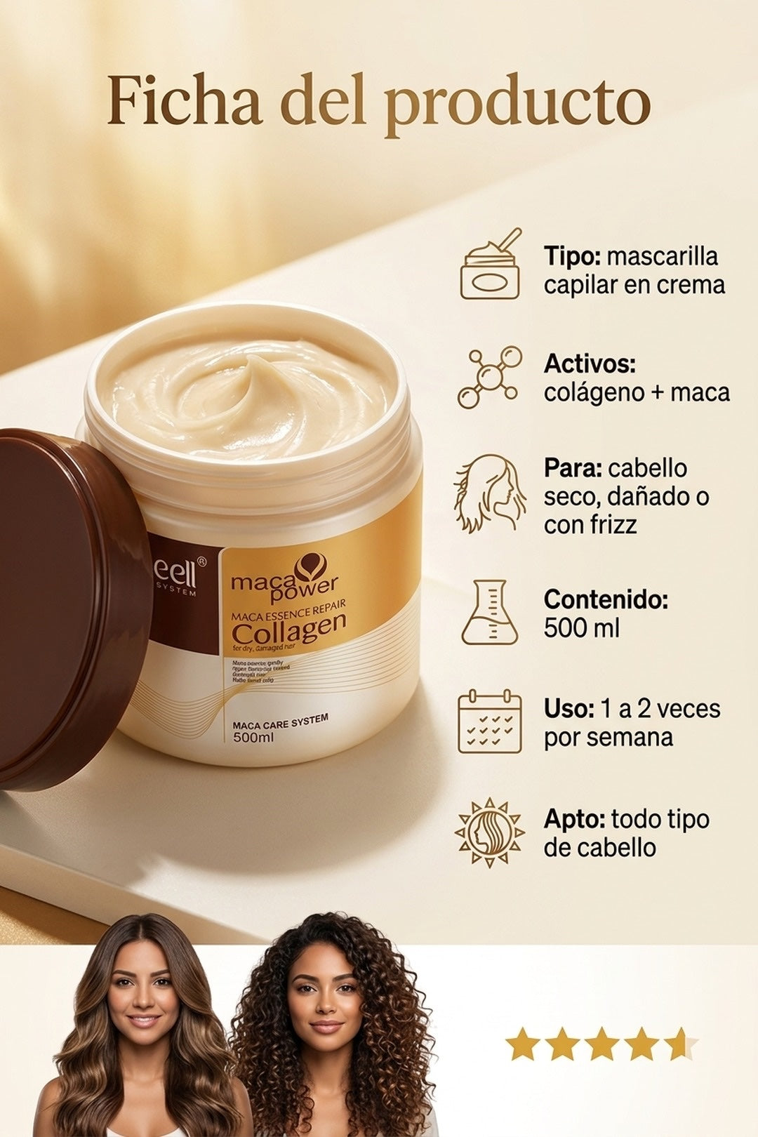 Ficha: mascarilla en crema, colágeno + maca, 500 ml, todo tipo de cabello