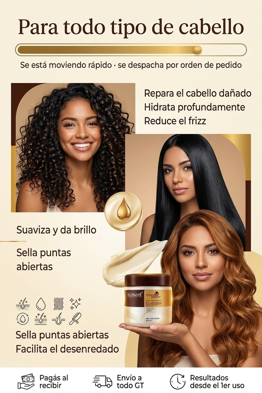 Para todo tipo de cabello · rizado, liso o teñido