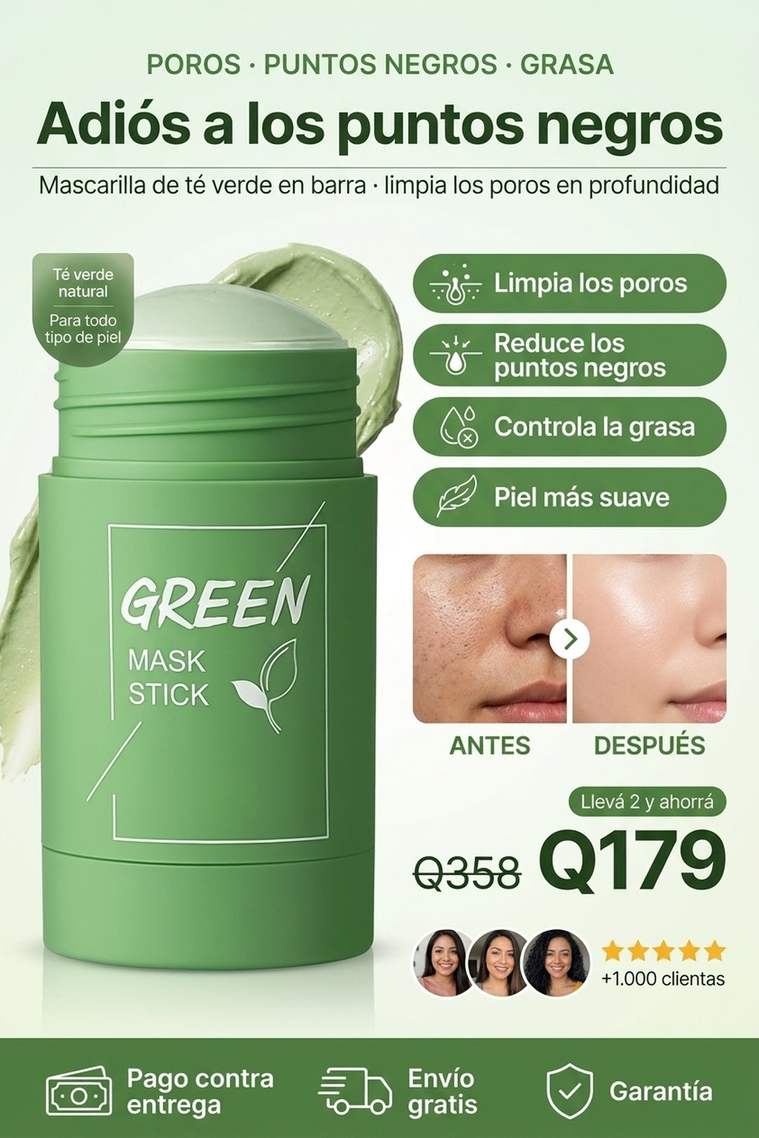 Mascarilla de te verde en barra, adios a los puntos negros, limpia los poros