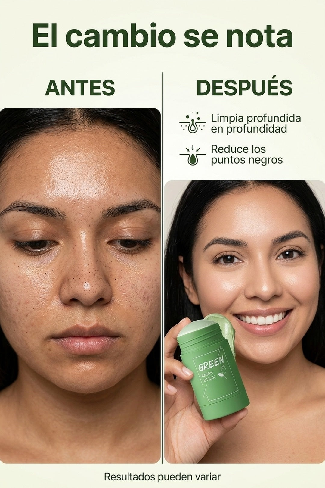 Antes y despues: piel mas limpia, poros menos visibles con Green Mask