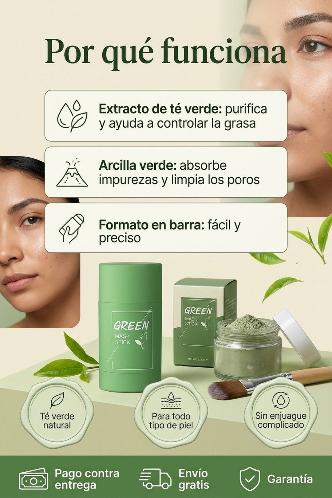 Por que funciona: extracto de te verde y arcilla verde que limpian los poros
