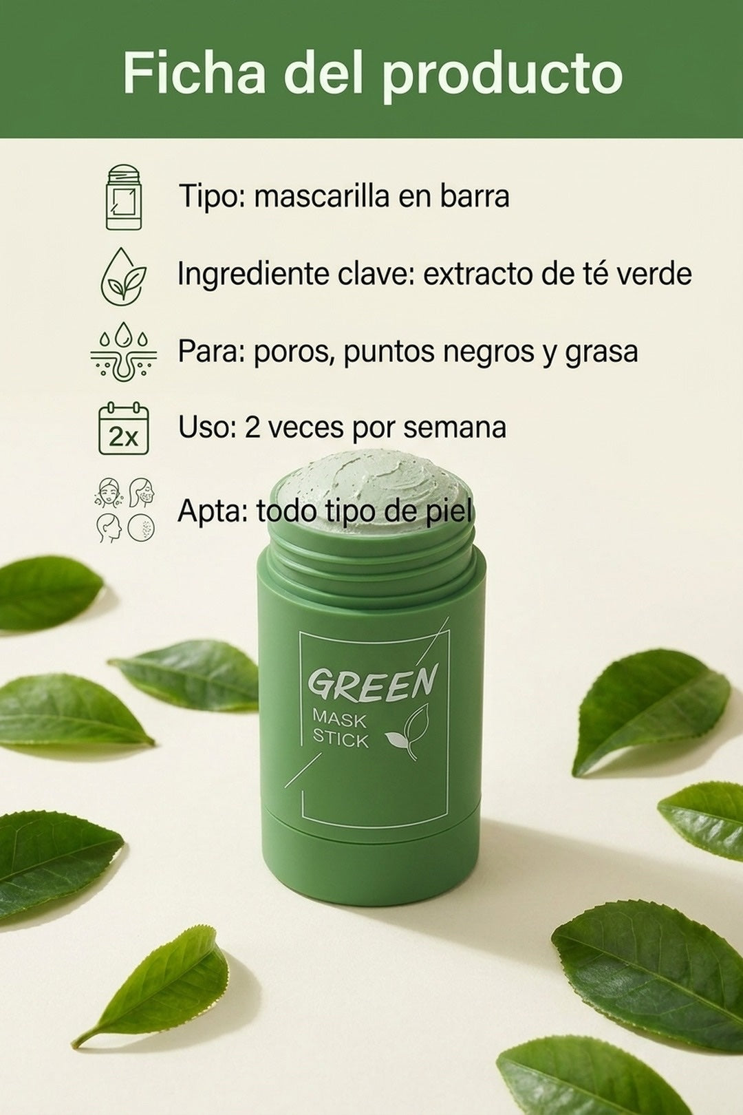 Ficha: mascarilla en barra con extracto de te verde, para poros puntos negros y grasa