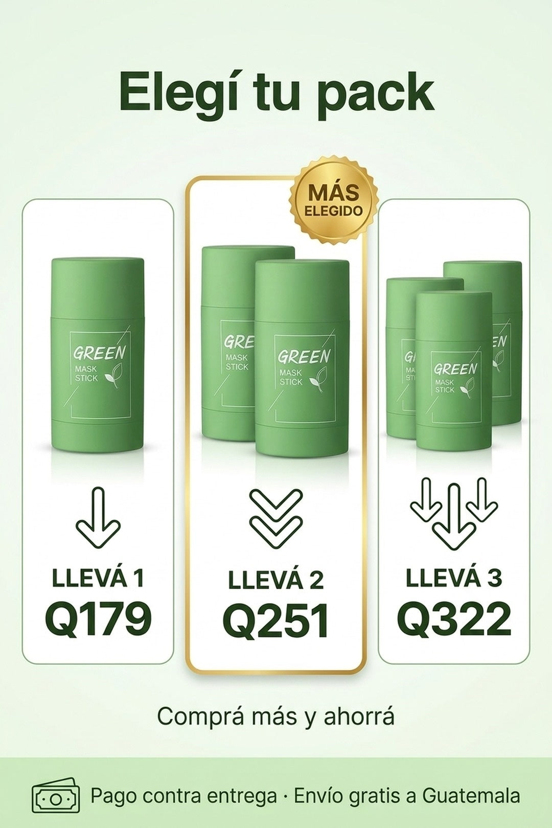 Packs Green Mask: lleva 1 Q179, lleva 2 Q251, lleva 3 Q322, pago contra entrega