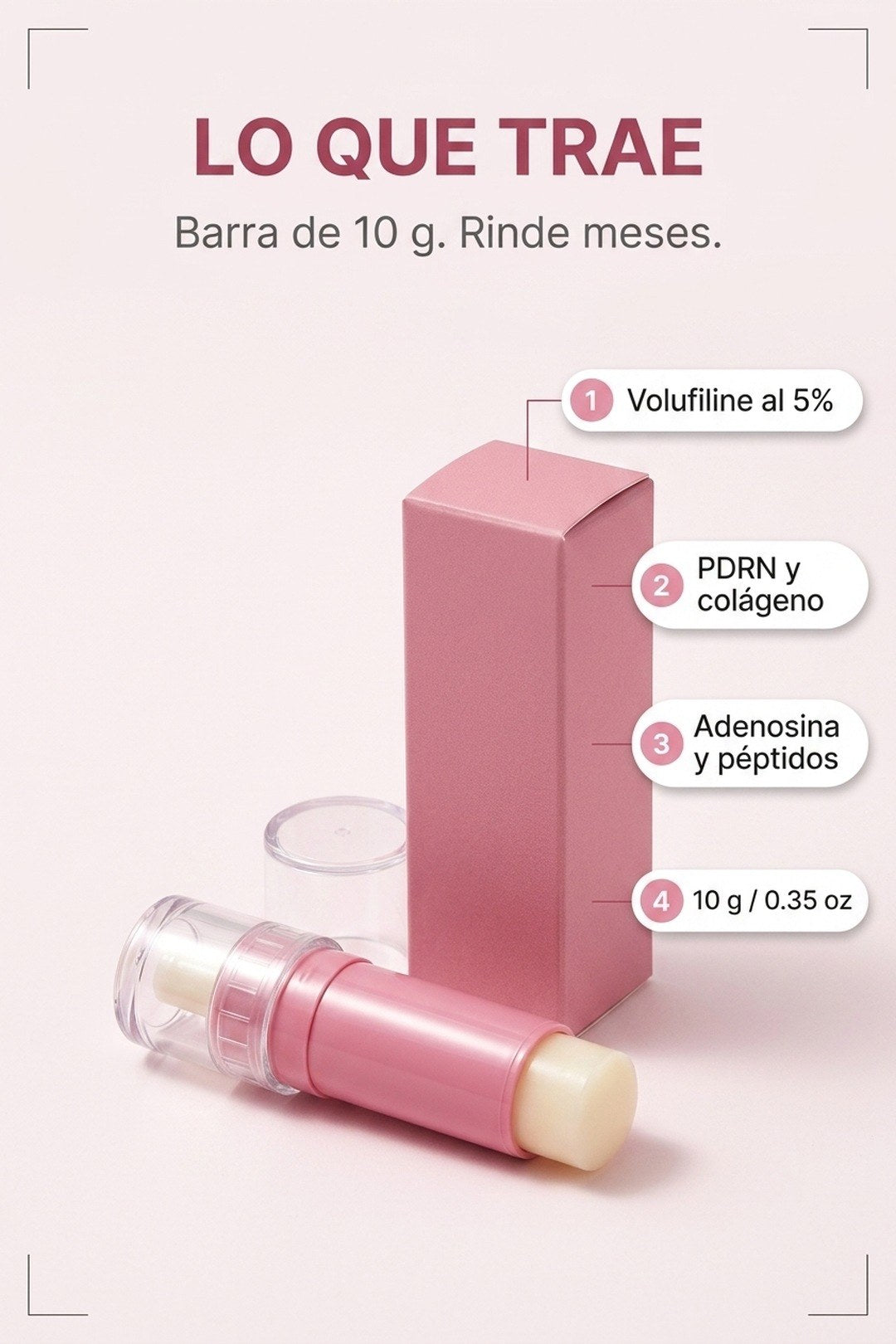 10 g en formato barra · con Volufiline, PDRN y colágeno · hecho en Corea