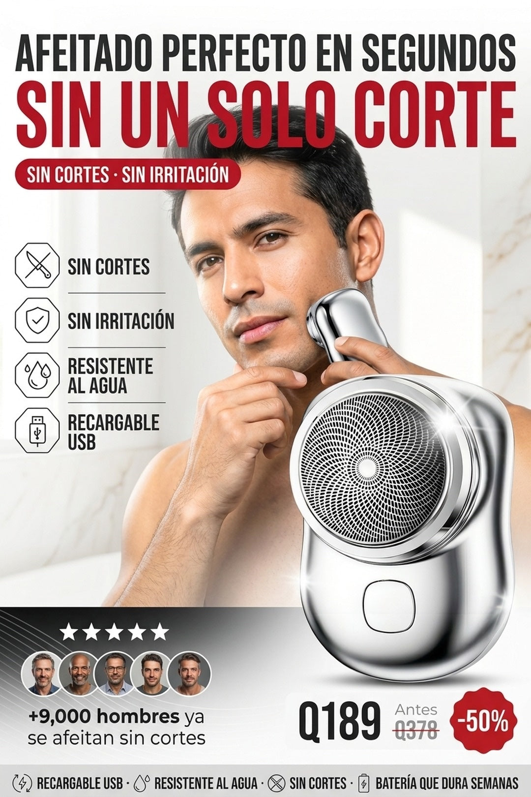 Mini afeitadora recargable · afeitado sin cortes en segundos