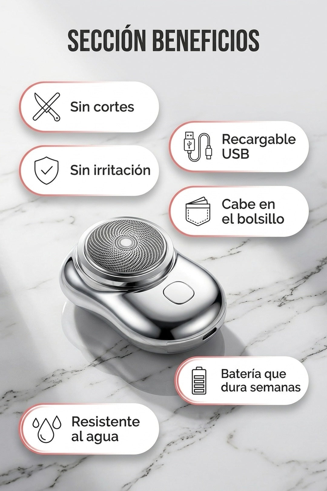Beneficios: sin cortes, sin irritación, resistente al agua, recargable USB, compacta