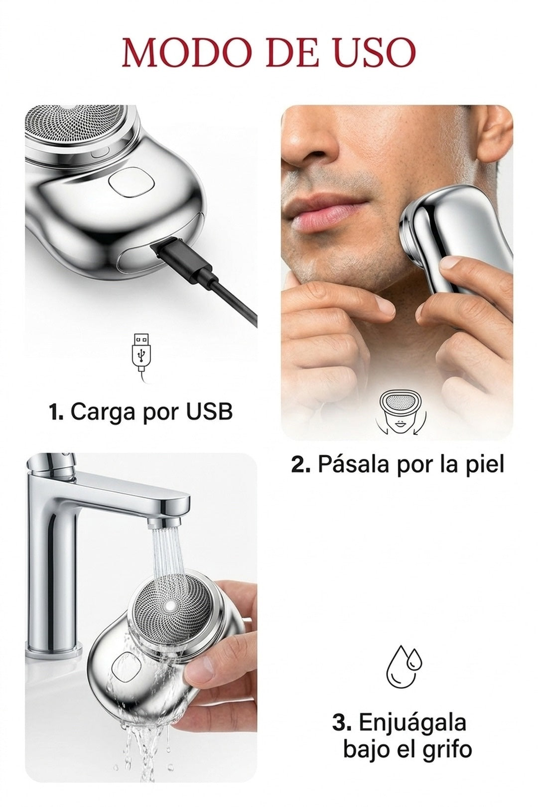 Modo de uso: cargue por USB, pase la afeitadora por la piel, lávela bajo el grifo