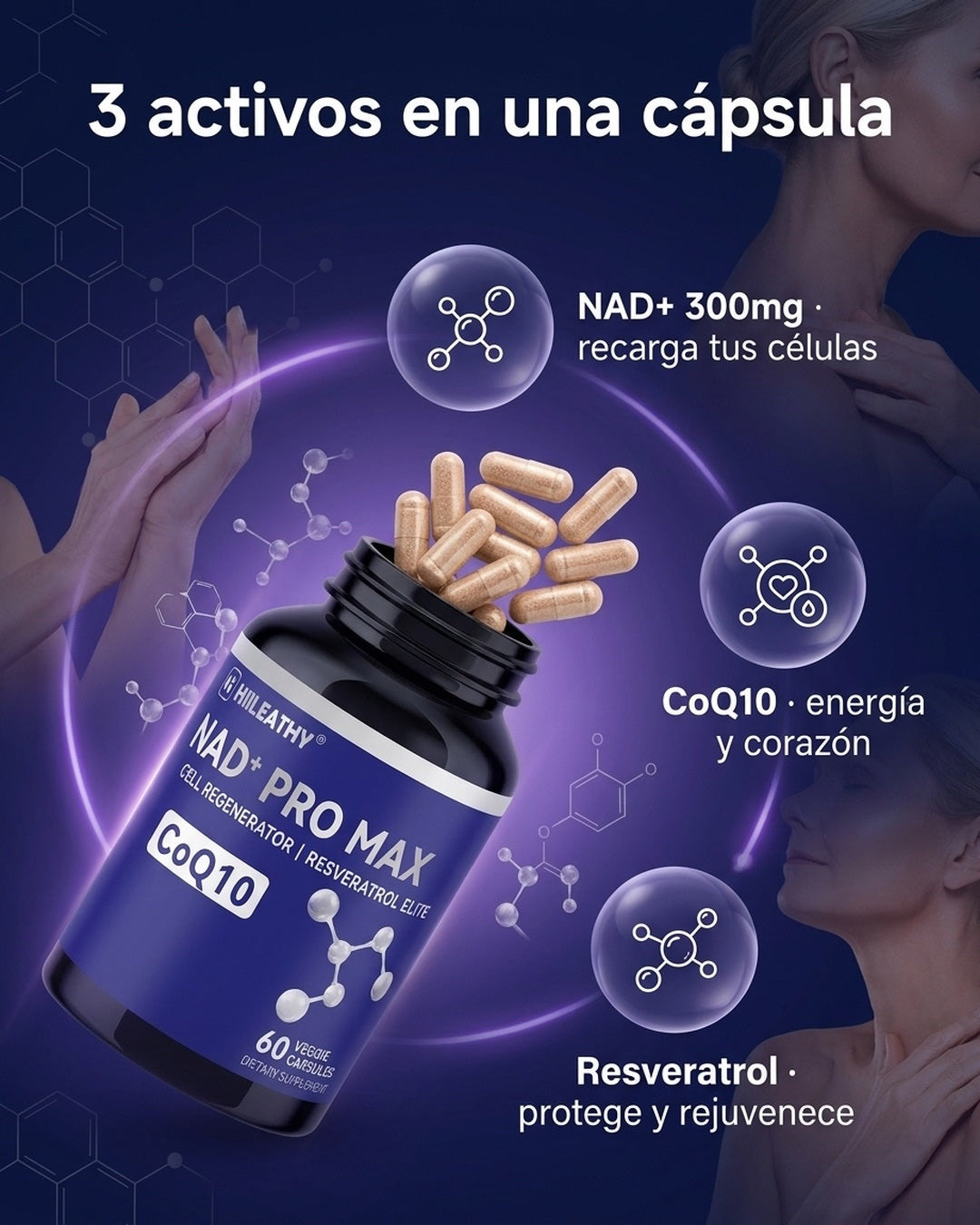NAD+ 300mg, CoQ10 y Resveratrol en una cápsula