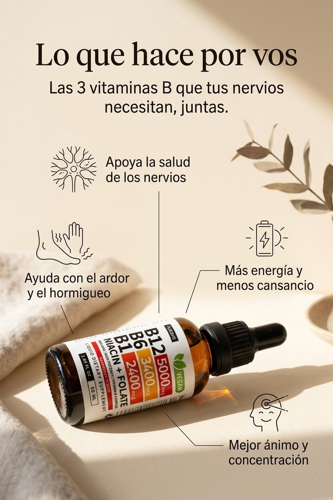 Beneficios: apoya los nervios, ayuda con el ardor y el hormigueo, más energía