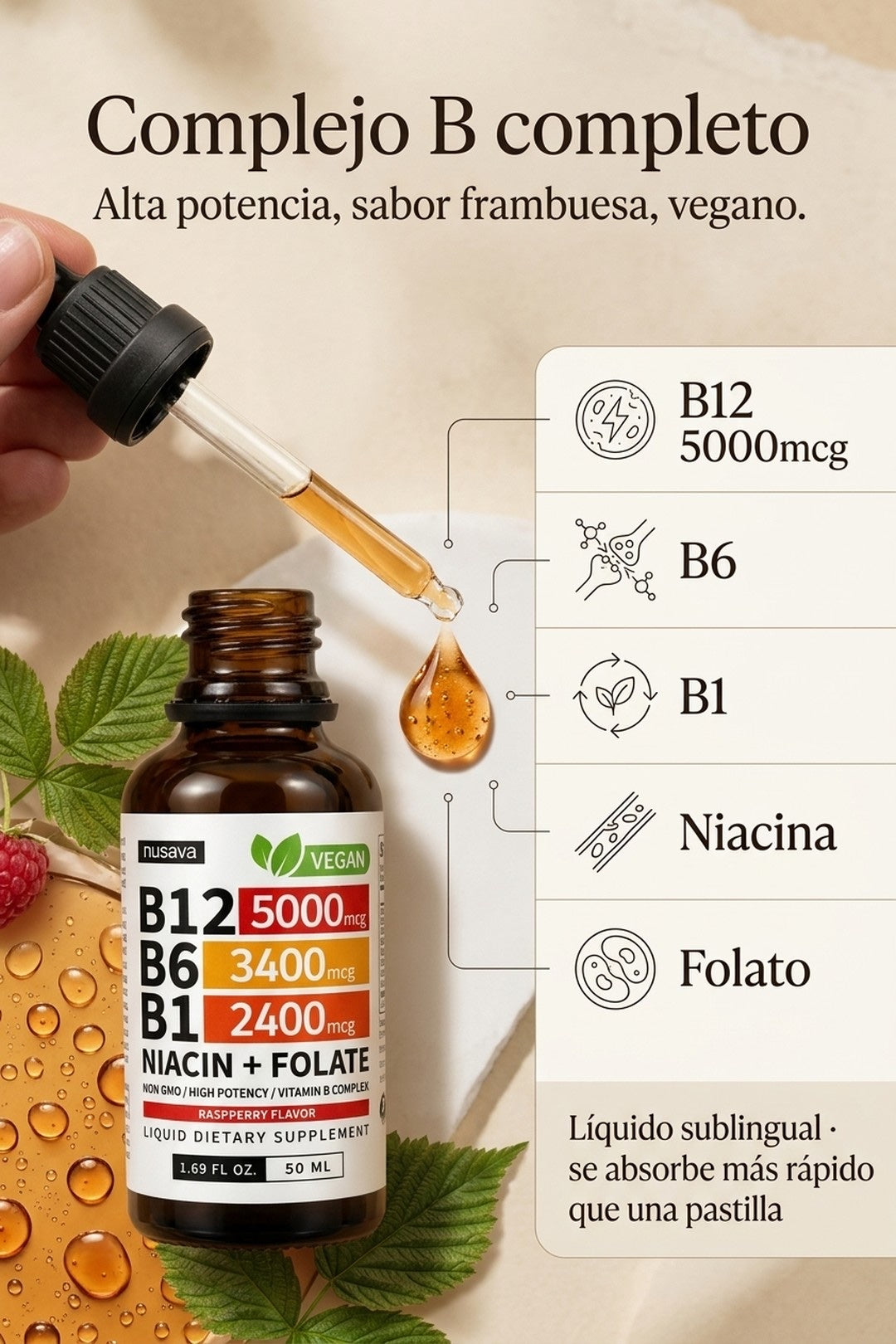 Complejo B completo: B12, B6, B1, niacina y folato, líquido sublingual