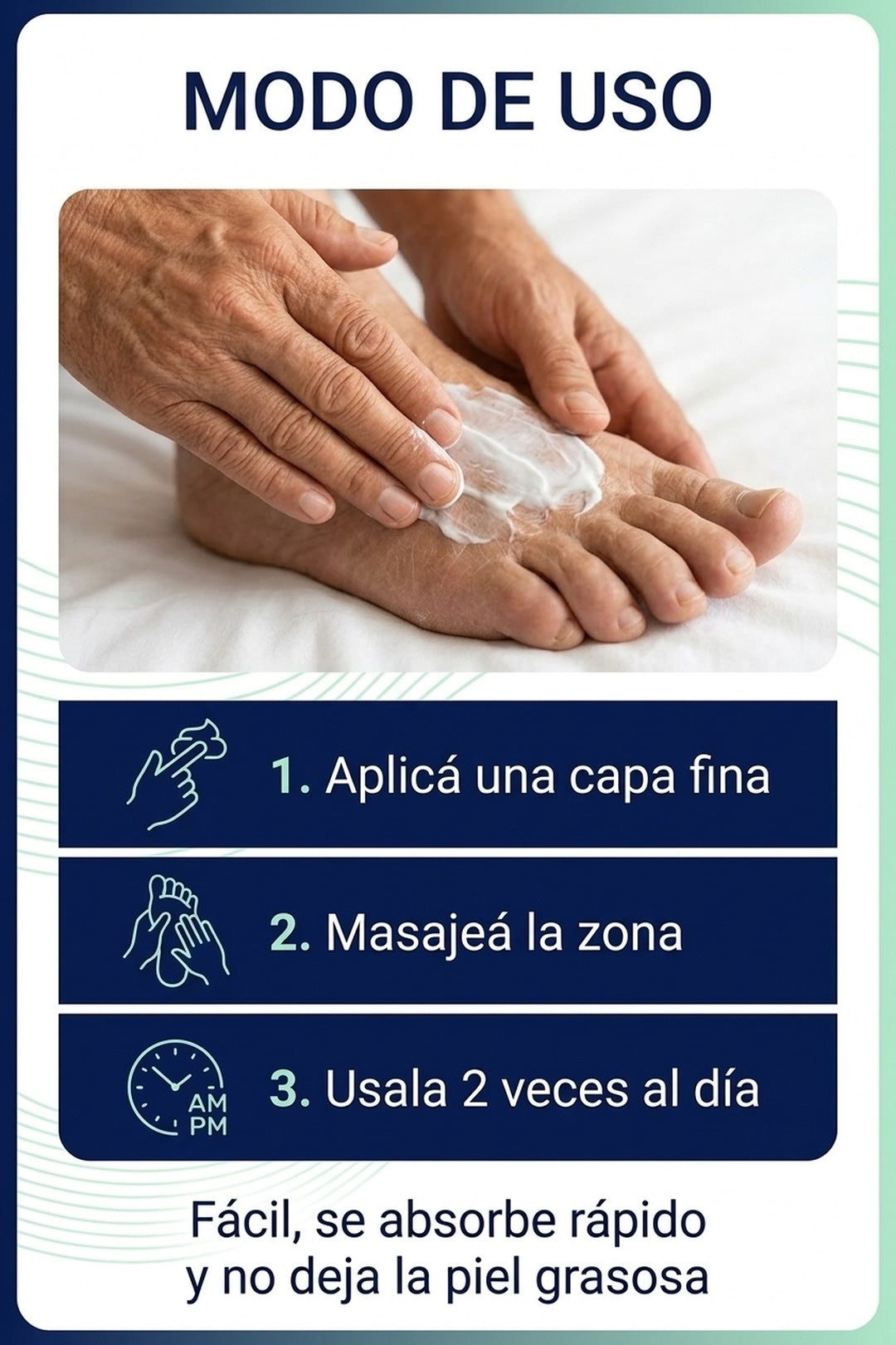 Modo de uso: aplicá y masajeá en la zona, 2 veces al día