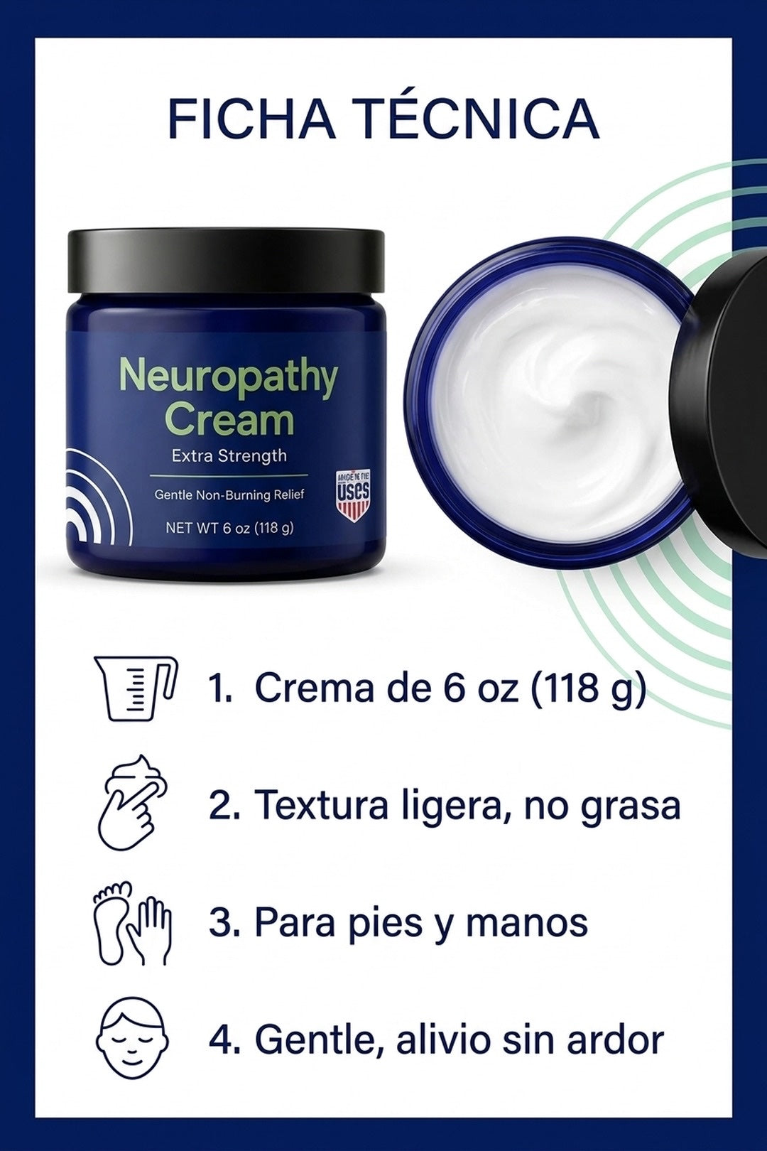 Ficha: crema de 6 oz (118 g), textura ligera y no grasa