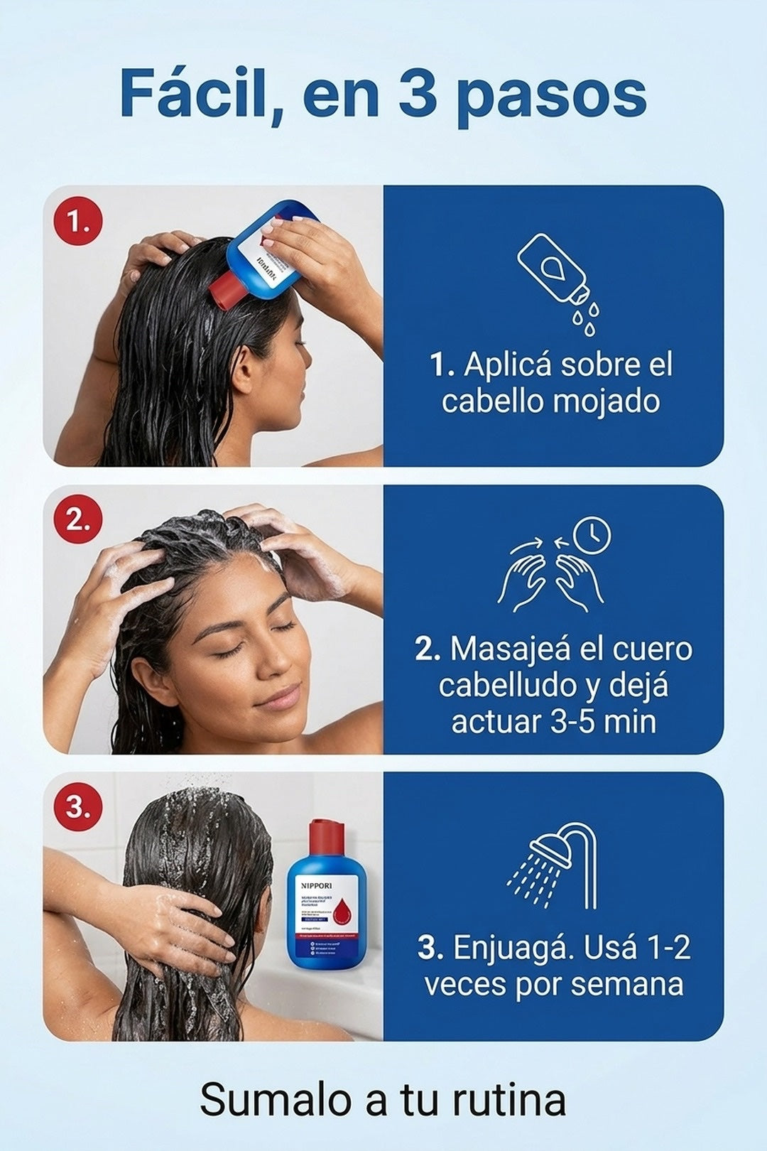 Como se usa: aplica sobre cabello mojado, masajea 3-5 min, enjuaga, 1-2 veces por semana