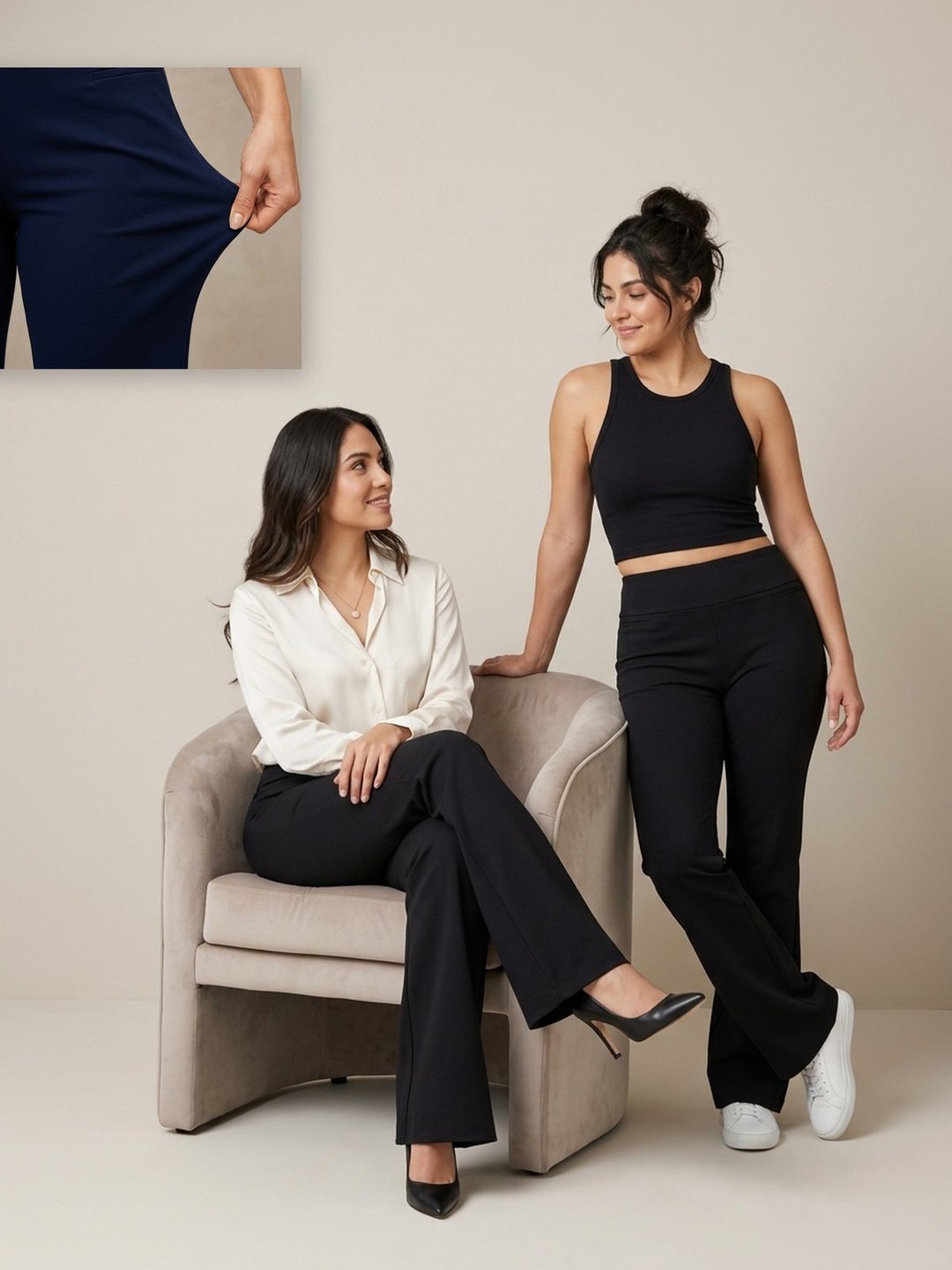 Dos looks con el mismo Pantalón Flare: oficina y yoga