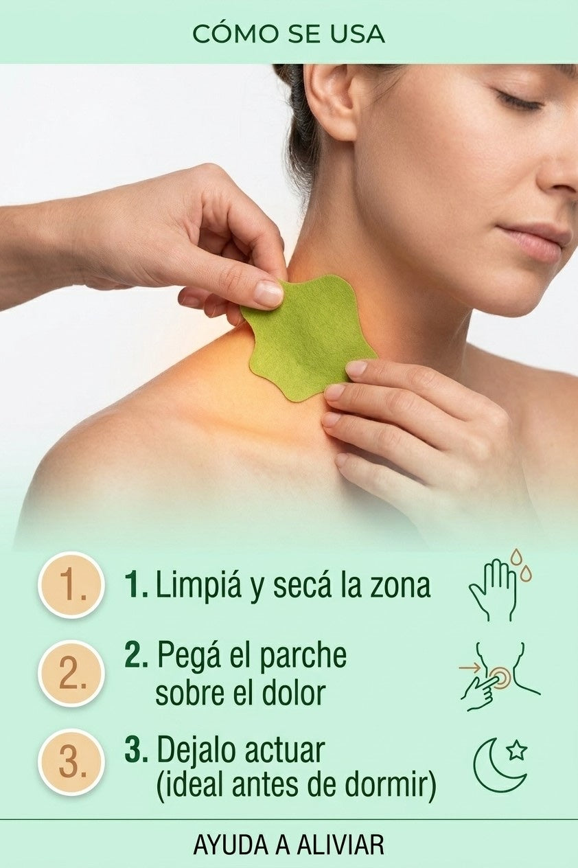 Modo de uso: aplicá el parche en la zona dolorida, ideal antes de dormir