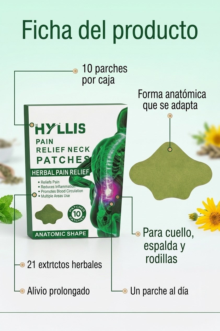 Ficha: 10 parches herbales, forma anatómica, alivio prolongado