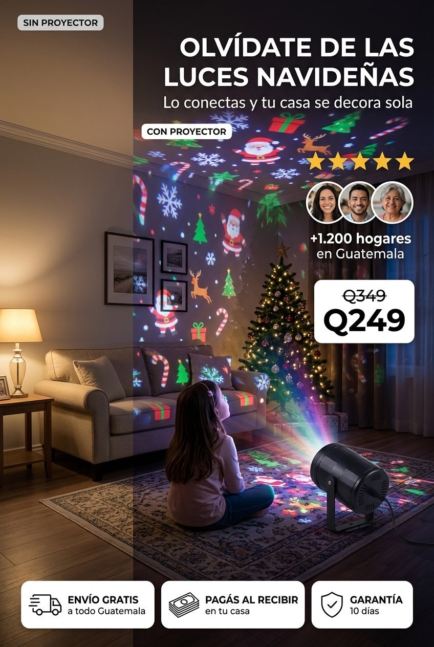 Sala de noche partida en dos: a la izquierda sin proyector y a oscuras, a la derecha el proyector encendido en el piso y el techo lleno de figuras navideñas de colores, con el precio Q249
