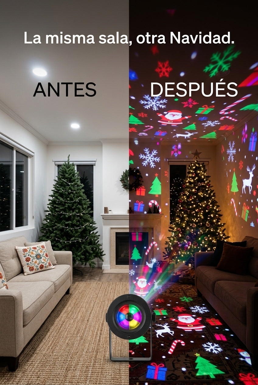 La misma sala antes y despues de prenderlo: apagada de un lado, cubierta de estrellas y copos de nieve del otro
