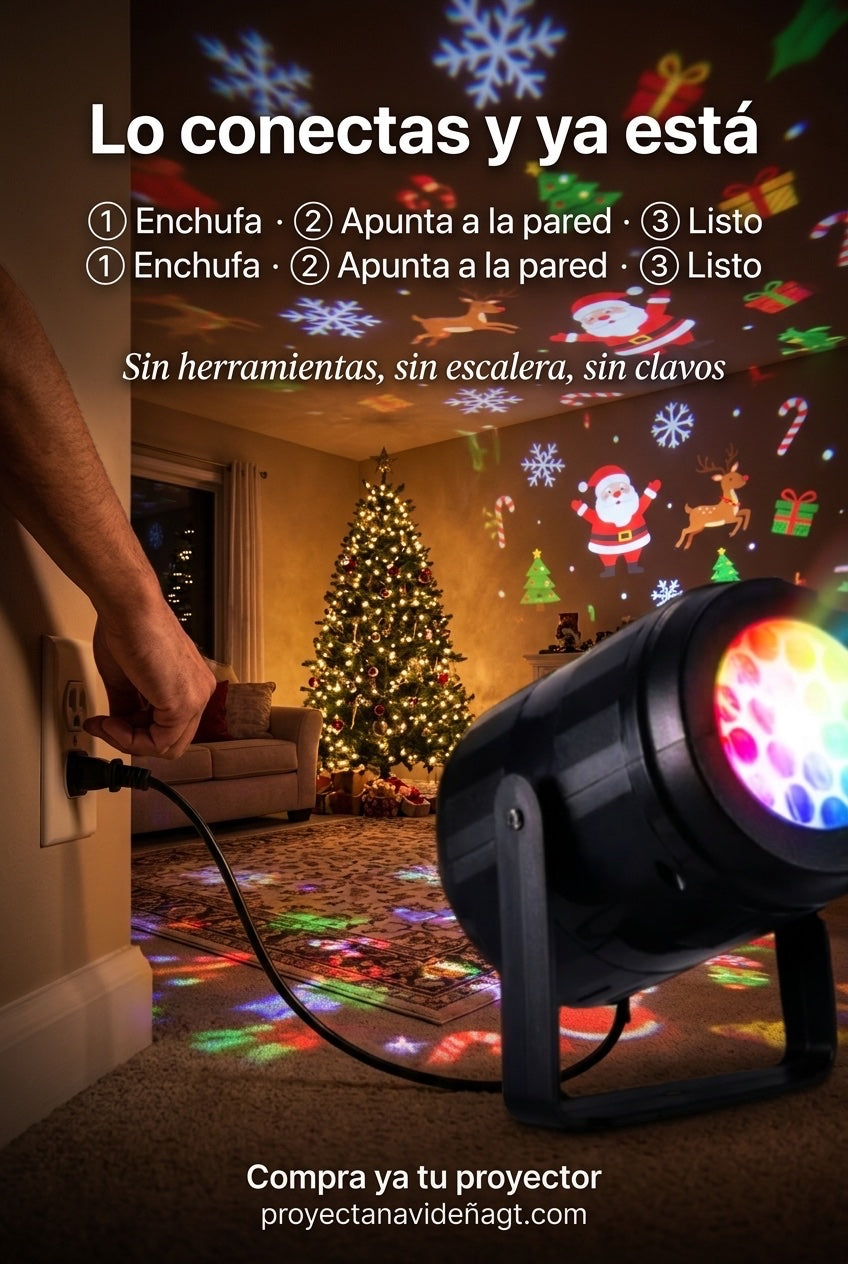 Una mano enchufa el proyector en el tomacorriente de la pared mientras el aparato ya proyecta figuras en el techo