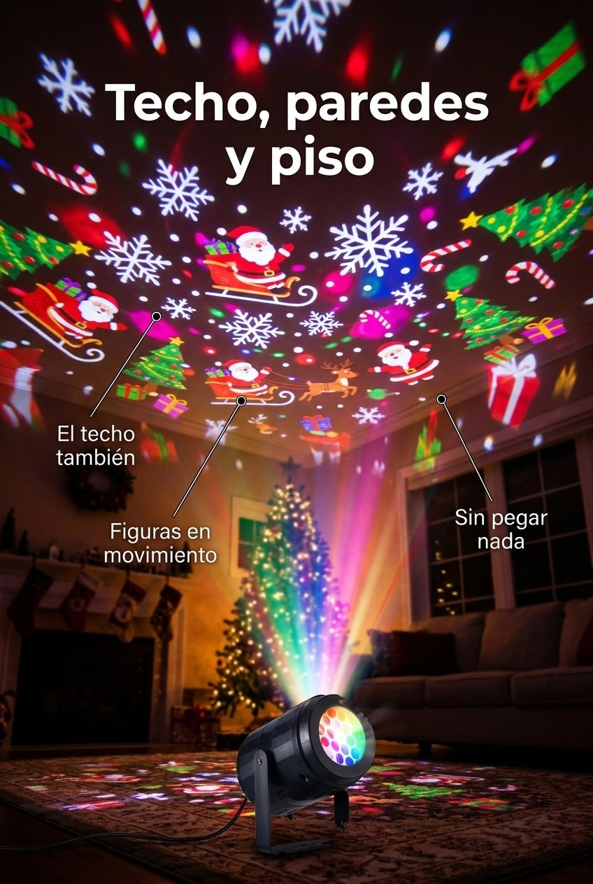 Vista desde la alfombra hacia arriba: las figuras navideñas cubren todo el techo de la sala y bajan por la pared