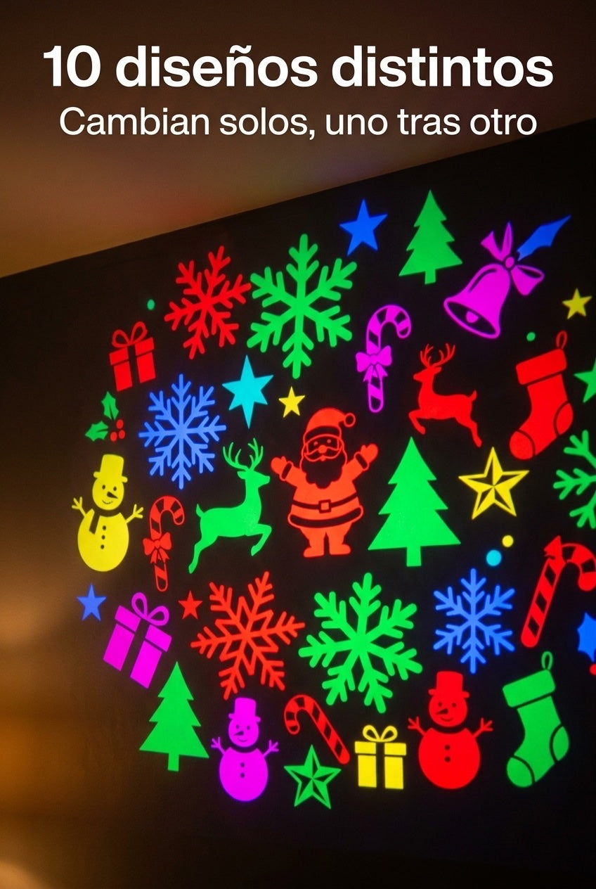 Los 10 disenos navideños proyectados sobre la pared, entre ellos copos, estrellas, arboles, renos, Santa, campanas, regalos y muñeco de nieve
