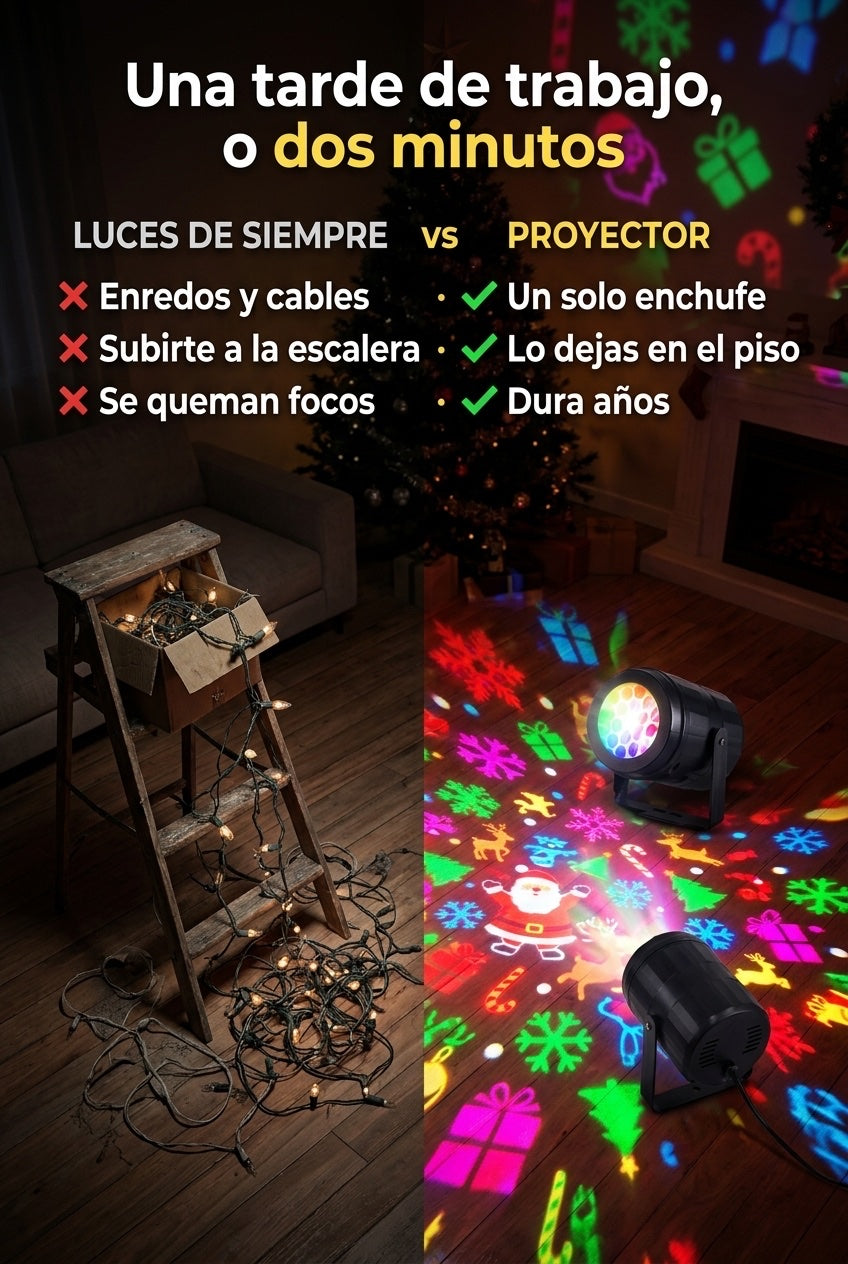 De un lado, cables enredados, focos apagados y una escalera junto al arbol a medio armar. Del otro lado, nada mas que el proyector encendido en el piso