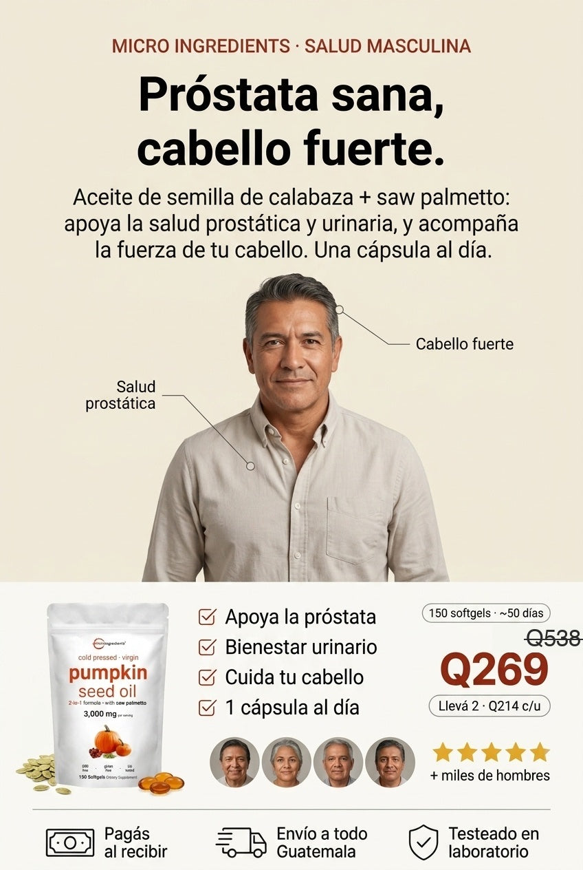 Pumpkin Seed Oil · salud masculina 2 en 1: próstata y cabello, 1 cápsula al día