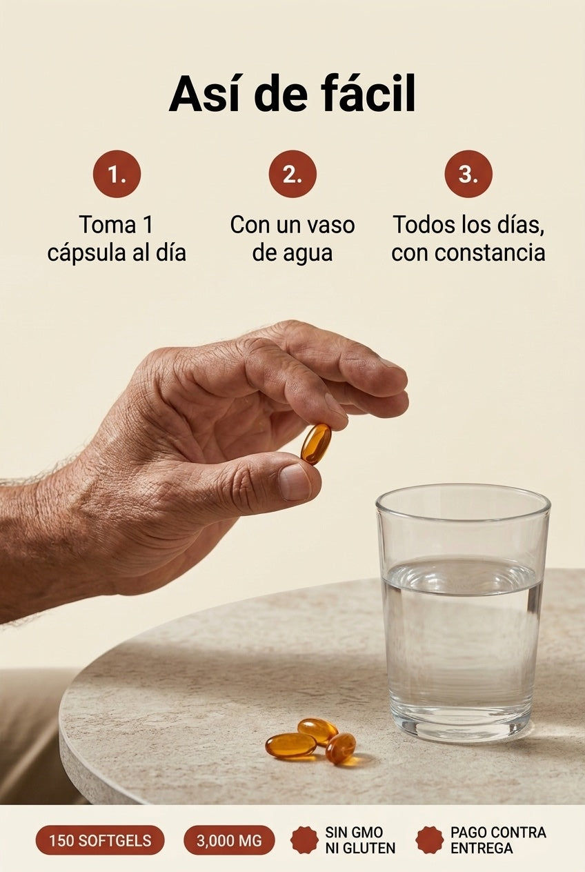 Cómo se usa: 1 cápsula al día · 150 softgels · 3.000 mg