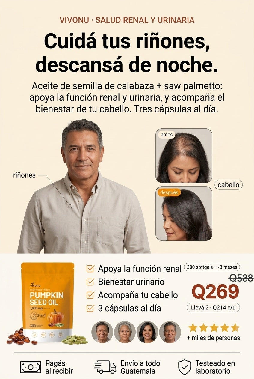Pumpkin Seed Oil · salud renal y urinaria 2 en 1: riñones y cabello, 3 cápsulas al día