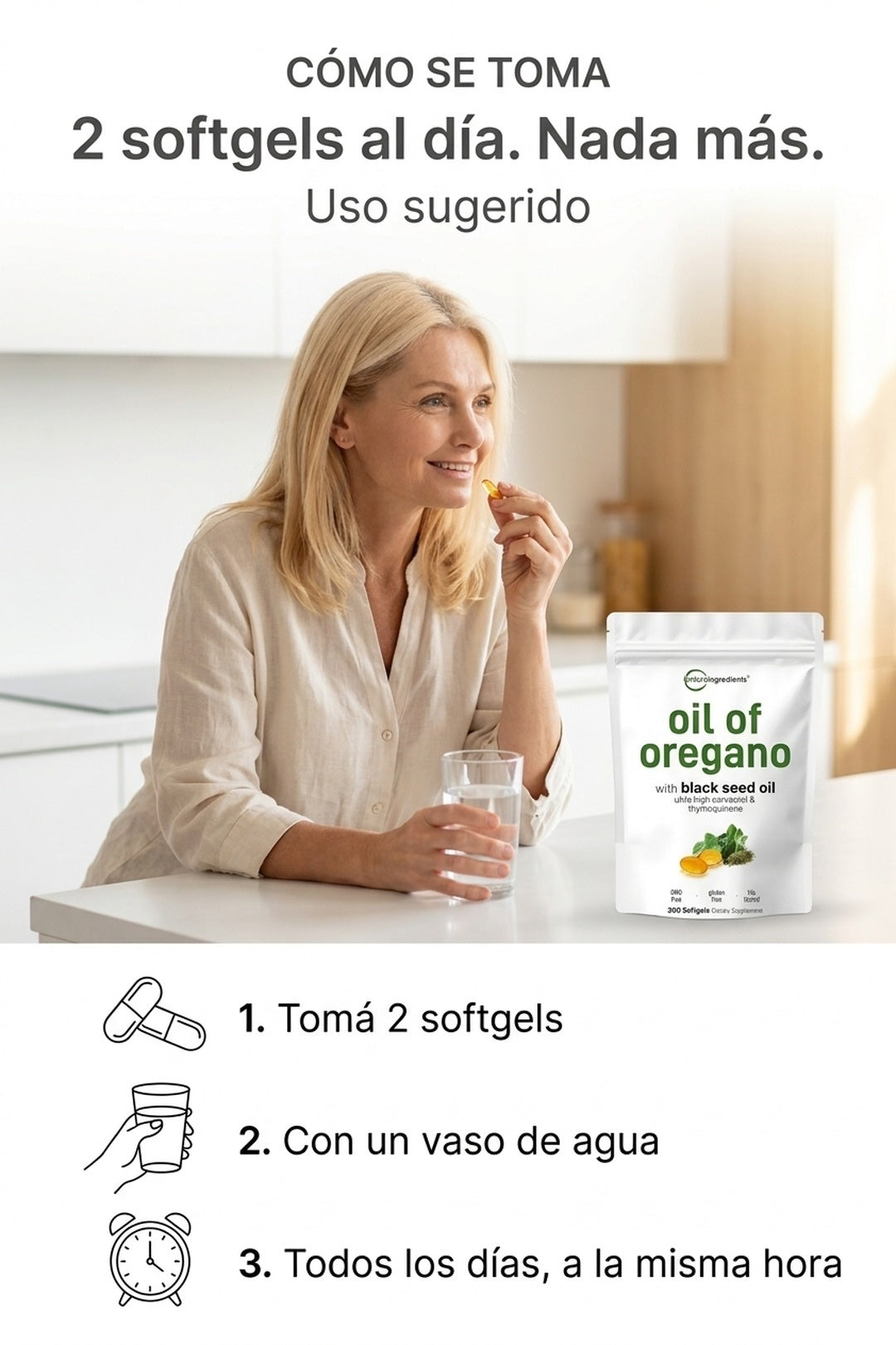 2 softgels al día con un vaso de agua
